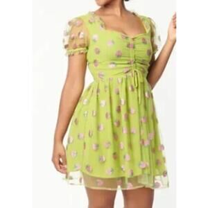 UNIQUE VINTAGE SMAK PARLOUR L green strawberry print mesh glitter dress